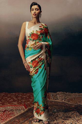 Aqua blue original japan devsena satin saree japan satin digital print blouse