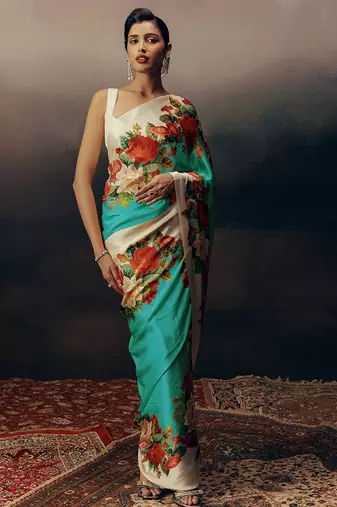Aqua blue original japan devsena satin saree japan satin digital print blouse