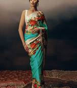 Aqua blue original japan devsena satin saree japan satin digital print blouse