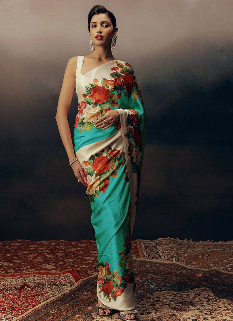 Aqua blue original japan devsena satin saree japan satin digital print blouse