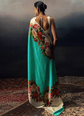 Aqua blue original japan satin saree with digital print blouse 2