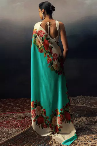 Aqua blue original japan satin saree with digital print blouse
