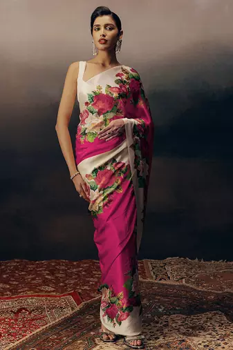 Magenta original japan devsena satin saree japan satin digital print blouse