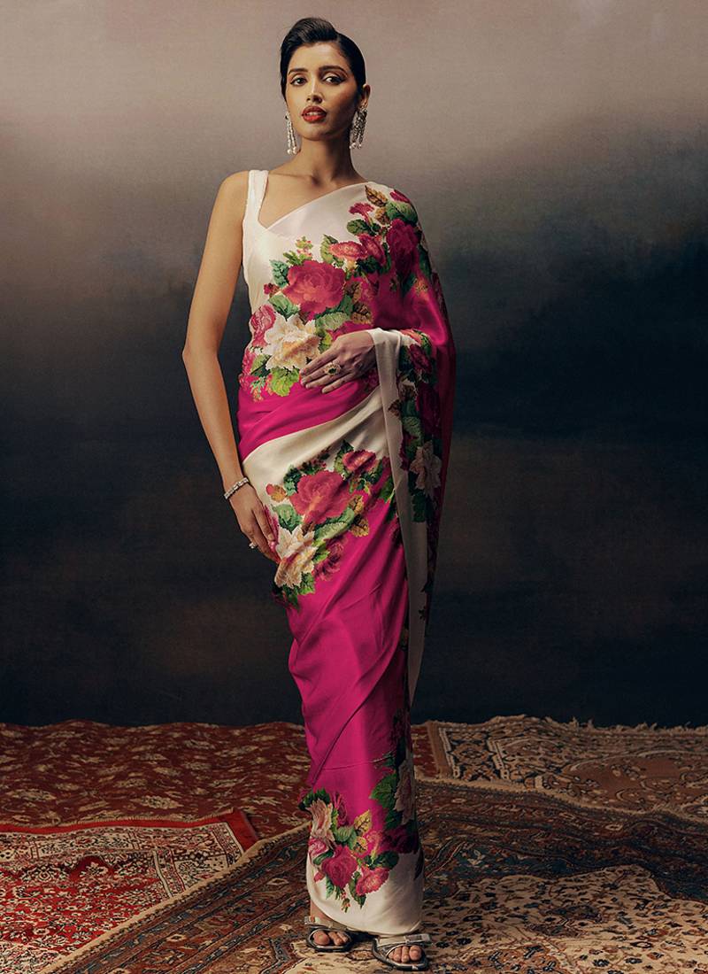 Magenta original japan devsena satin saree japan satin digital print blouse