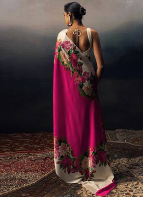 Magenta original japan satin saree with digital print blouse 2