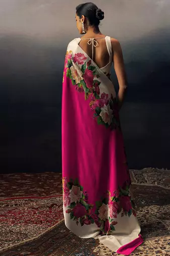 Magenta original japan satin saree with digital print blouse