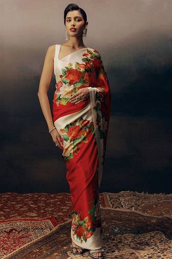 Red original japan devsena satin saree japan satin digital print blouse