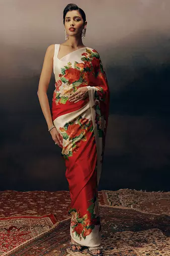 Red original japan devsena satin saree japan satin digital print blouse