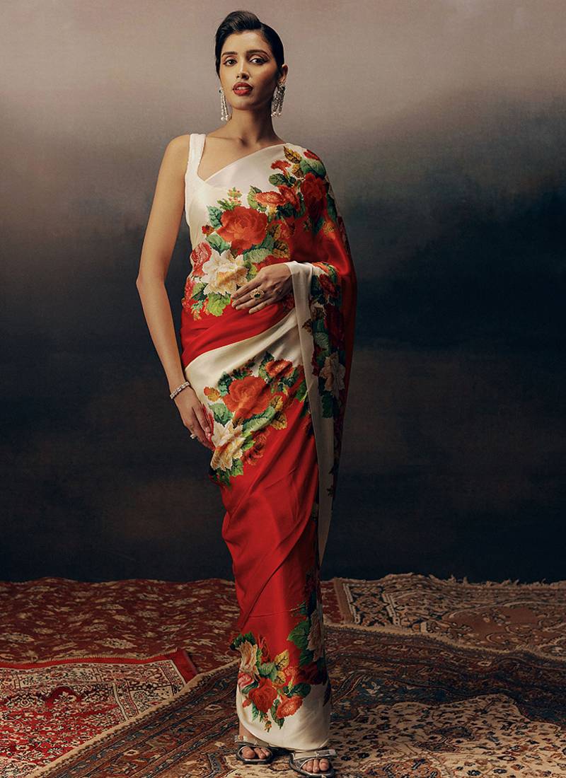 Red original japan devsena satin saree japan satin digital print blouse