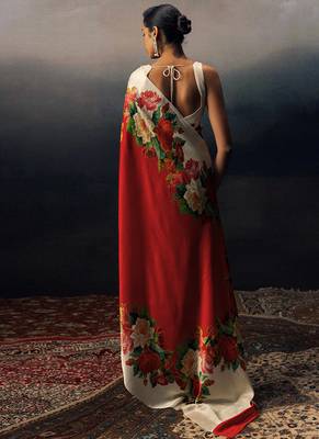 Red original japan satin saree with digital print blouse 2