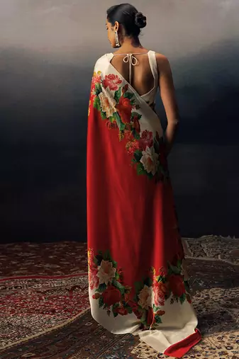 Red original japan satin saree with digital print blouse