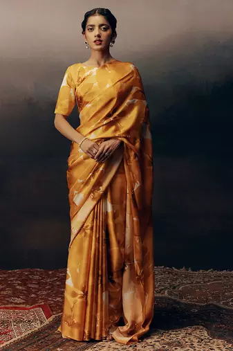 Orange original japan devsena satin saree japan satin digital print blouse