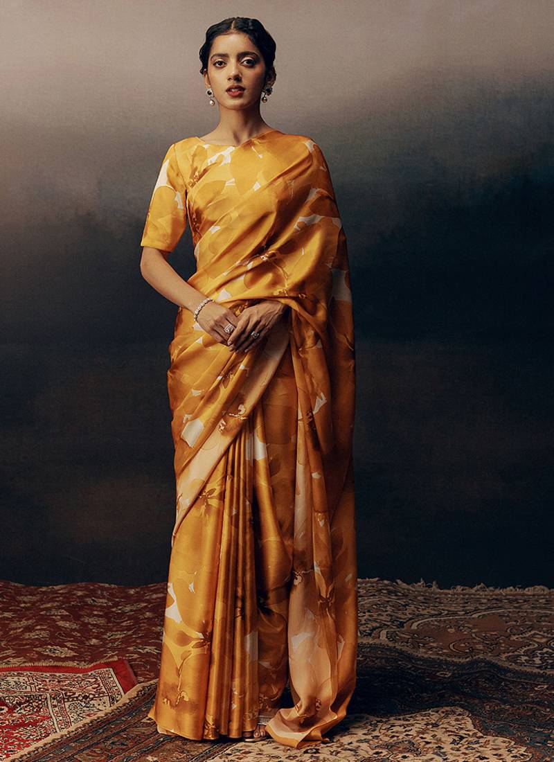 Orange original japan devsena satin saree japan satin digital print blouse