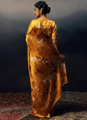 Orange original japan satin saree with digital print blouse 2