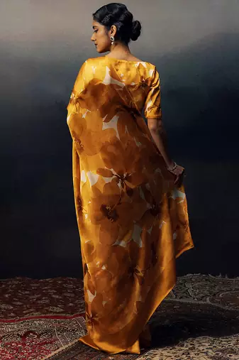 Orange original japan satin saree with digital print blouse