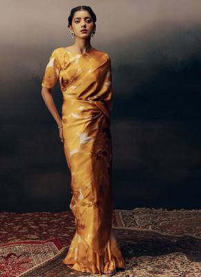 Orange original japan satin saree with digital print blouse 3
