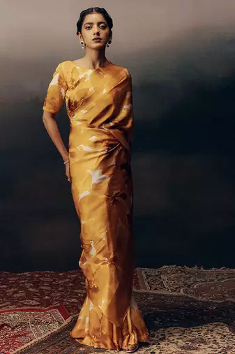 Orange original japan satin saree with digital print blouse