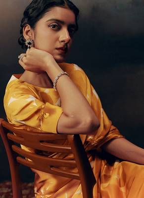 Orange original japan satin saree with digital print blouse 4