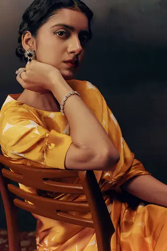 Orange original japan satin saree with digital print blouse