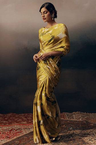 Mustard original japan devsena satin saree japan satin digital print blouse