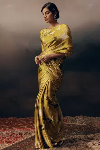 Mustard original japan devsena satin saree japan satin digital print blouse