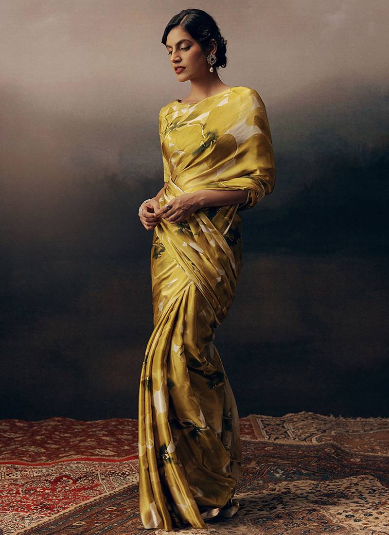 Mustard original japan devsena satin saree japan satin digital print blouse