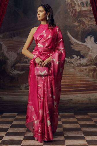 Pink original japan devsena satin saree japan satin digital print blouse