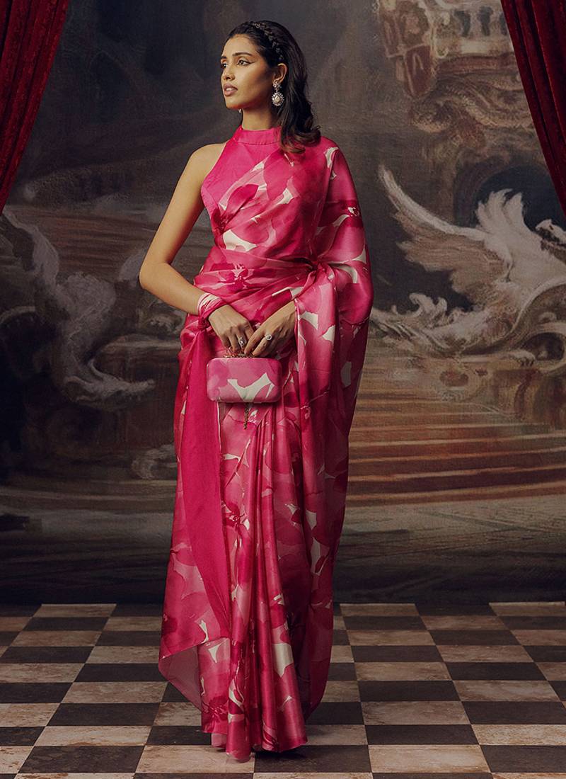 Pink original japan devsena satin saree japan satin digital print blouse