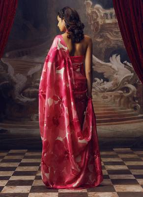 Pink original japan satin saree with digital print blouse 2