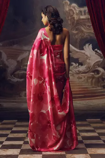Pink original japan satin saree with digital print blouse