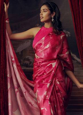 Pink original japan satin saree with digital print blouse 3