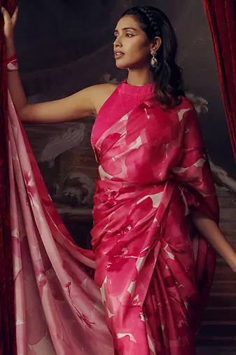 Pink original japan satin saree with digital print blouse