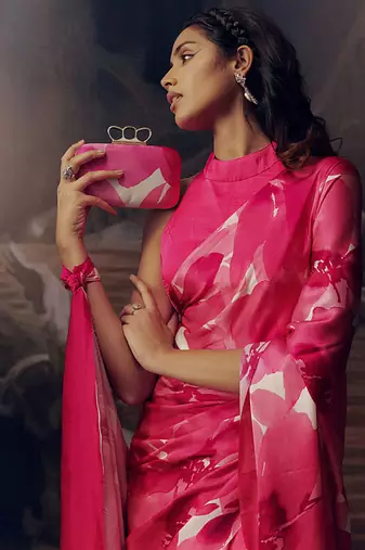 Pink original japan satin saree with digital print blouse