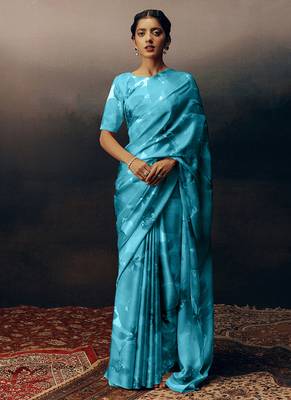 Aqua blue original japan satin saree with digital print blouse 1