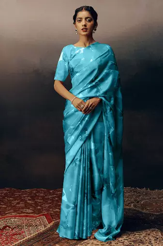 Aqua blue original japan devsena satin saree japan satin digital print blouse