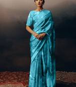 Aqua blue original japan devsena satin saree japan satin digital print blouse