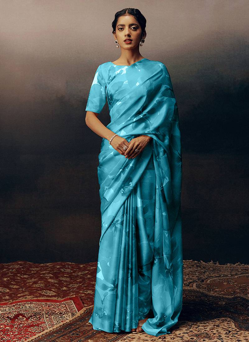Aqua blue original japan devsena satin saree japan satin digital print blouse