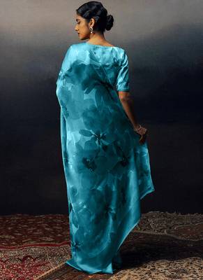 Aqua blue original japan satin saree with digital print blouse 2