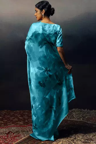 Aqua blue original japan satin saree with digital print blouse