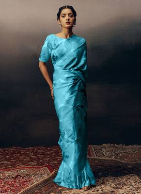 Aqua blue original japan satin saree with digital print blouse 3