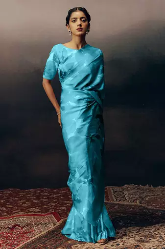 Aqua blue original japan satin saree with digital print blouse