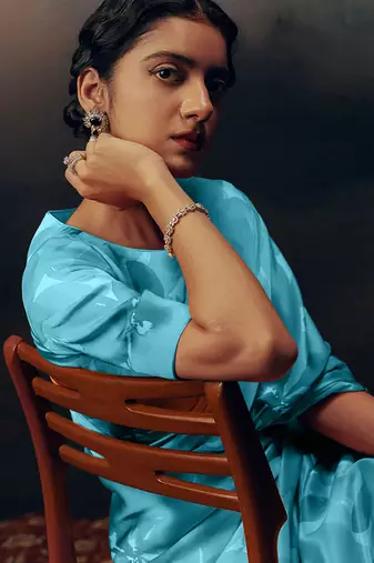 Aqua blue original japan satin saree with digital print blouse