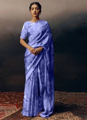 Light blue original japan satin saree with digital print blouse 1