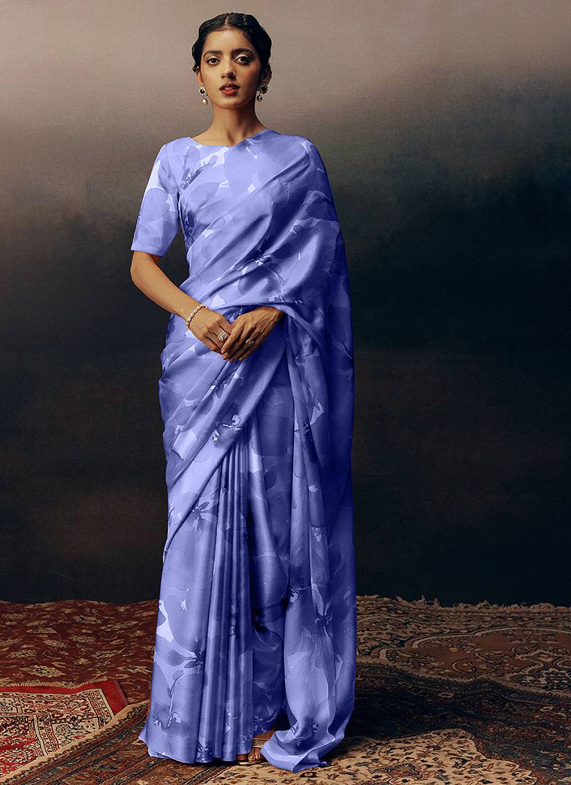 Light blue original japan devsena satin saree japan satin digital print blouse