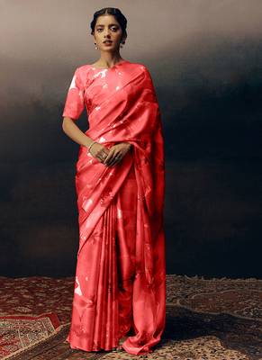 Peach original japan satin saree with digital print blouse 1