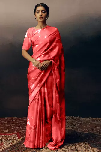 Peach original japan devsena satin saree japan satin digital print blouse