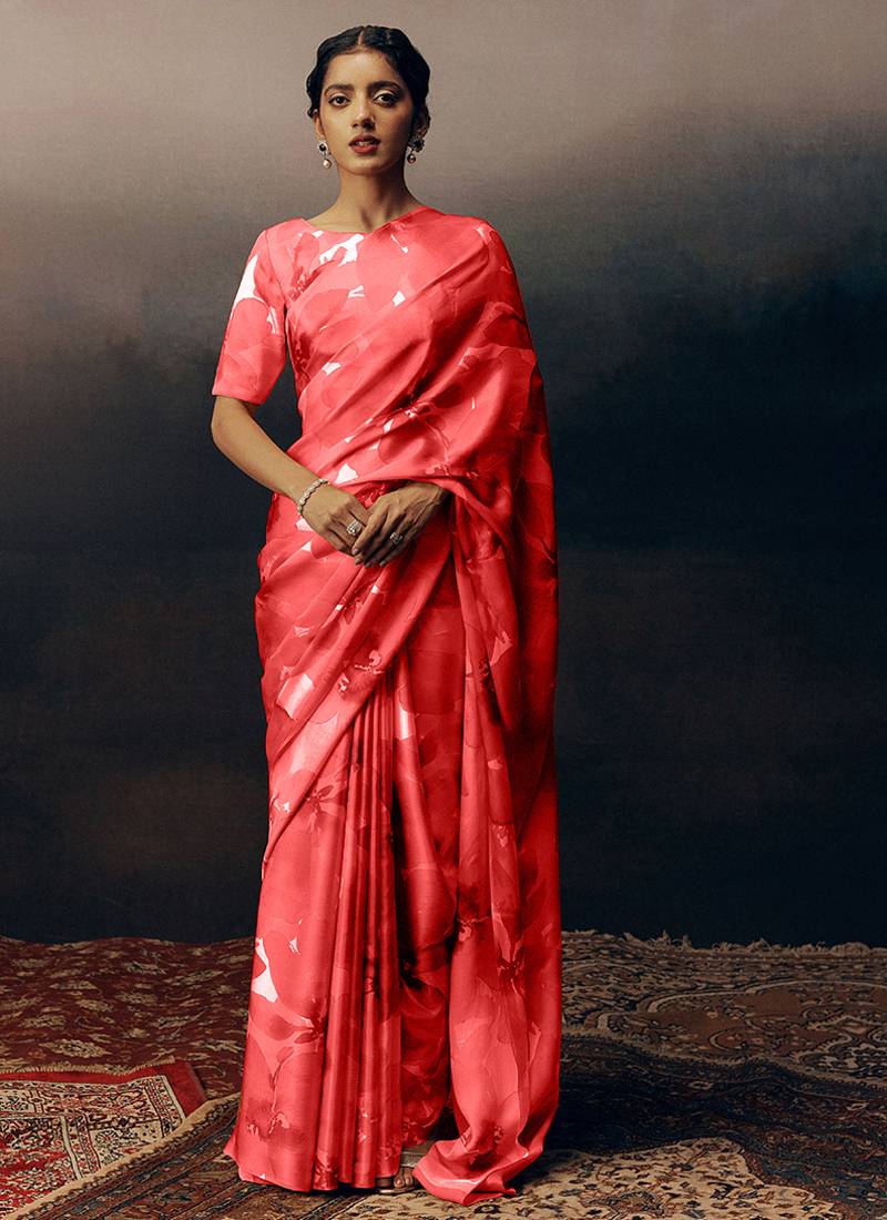 Peach original japan devsena satin saree japan satin digital print blouse
