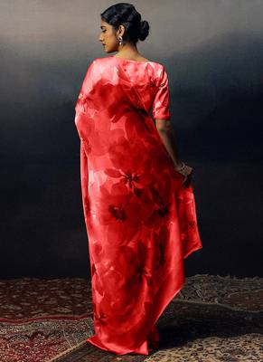 Peach original japan satin saree with digital print blouse 2