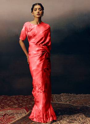 Peach original japan satin saree with digital print blouse 3