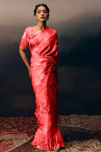 Peach original japan satin saree with digital print blouse